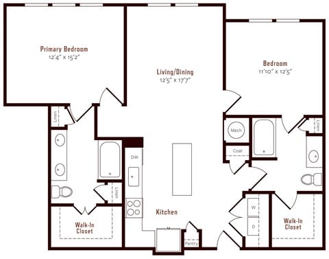 Floor plan for 2 beds, 2 baths, 1165 sqft